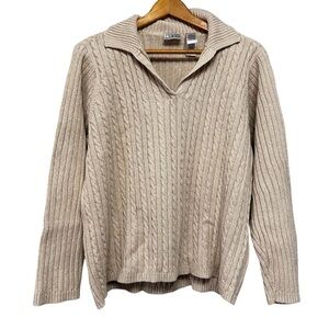 VTG Villager Sport Tan Cream Cable Knit Cotton Vneck Collared Sweater Size 2